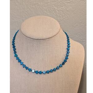 Natural Turquoise Beads Cut In Star Pattern 16" Necklace Choker